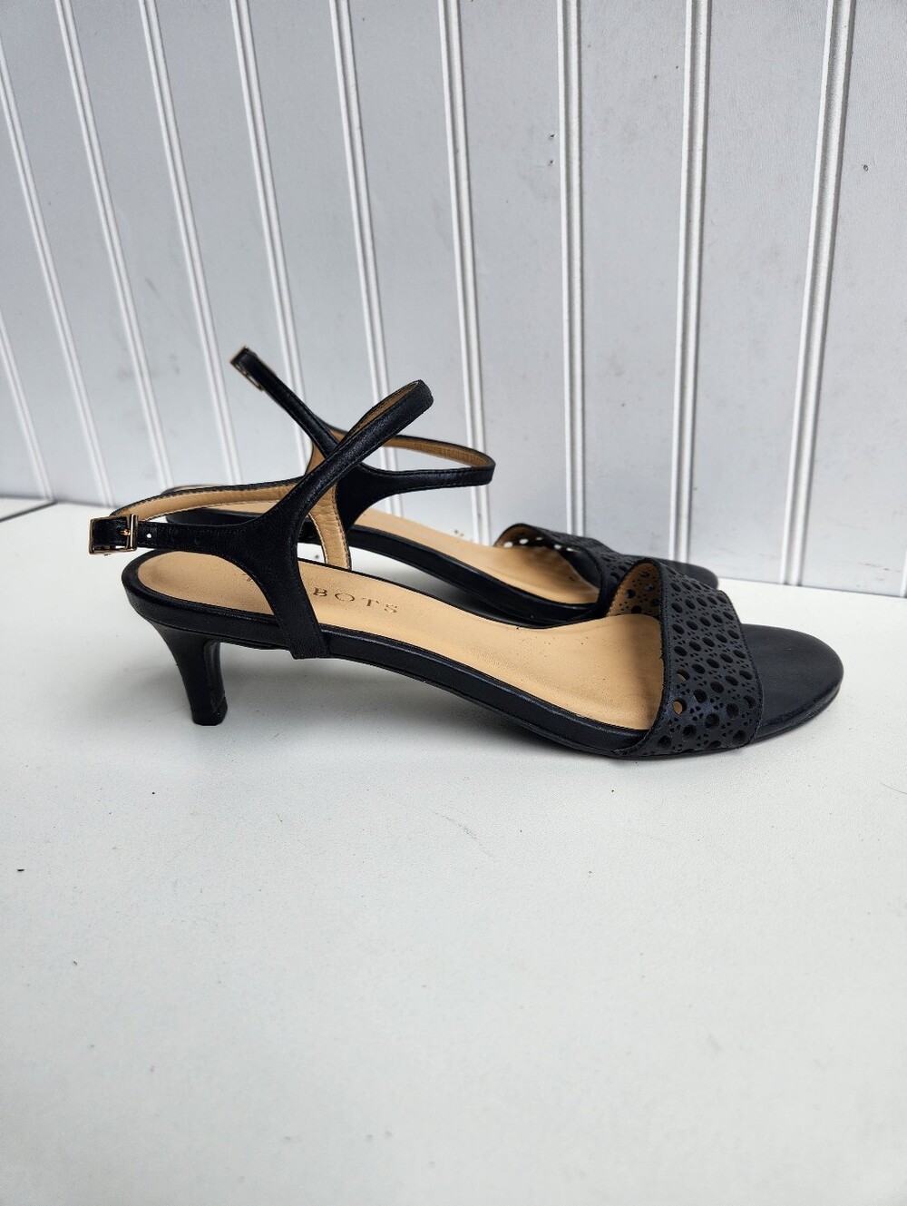 Talbots Women’s 7 Black Strappy Leather Slingback Open Toe Sandals Kitten Heels